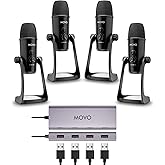 Movo USB Podcast Equipment Bundle for 4 – USB Interface with 4 UM700 Condenser Microphones – 4-Port Powered Hub for Streaming, Podcasting, Interviews