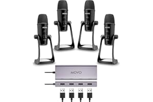 Movo USB Podcast Equipment Bundle for 4 – USB Interface with 4 UM700 Condenser Microphones – 4-Port Powered Hub for Streaming