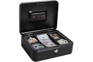 Kasten Cash Box With Money Tray and Key Lock, Money Organizer for Cash, 9.84"x 7.87"x 3.54", Medium Black