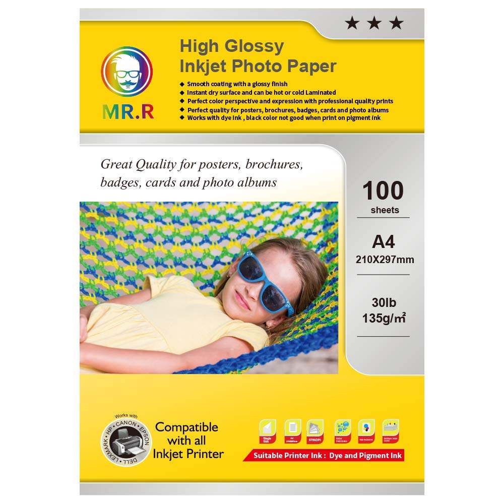 MR.R Single Side High Glossy Inkjet Photo Paper 135gsm A4 210 x 297mm Pack of 100 Sheets
