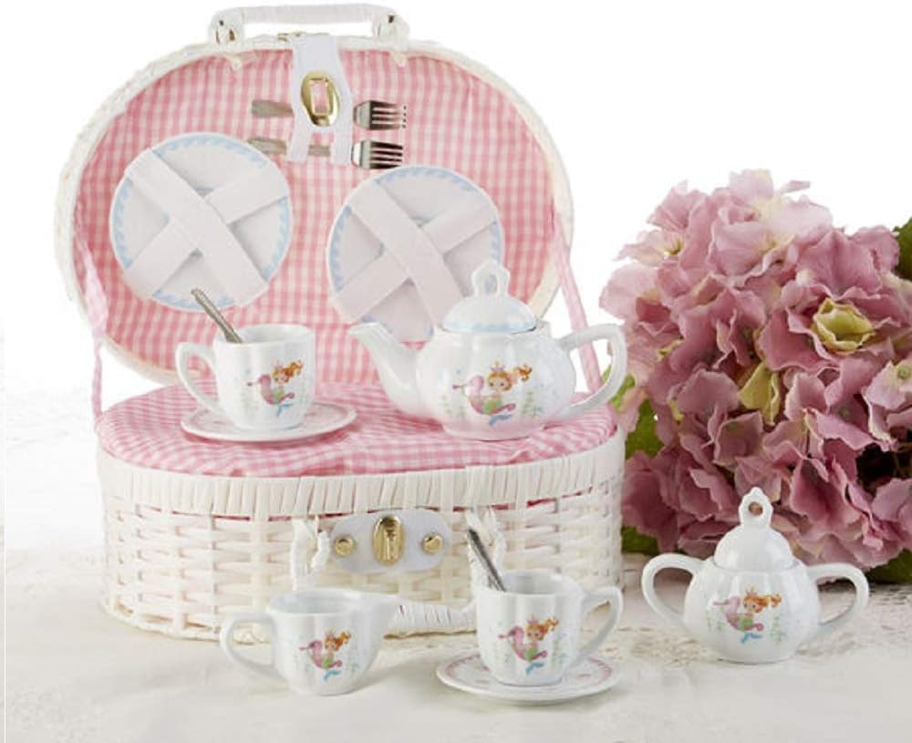 porcelain tea set with basket
