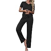 Ekouaer Women's Pajamas Set Soft 2 Piece Lounge Sets V-neck Sleepwear Short Sleeve Top Pants with Pockets