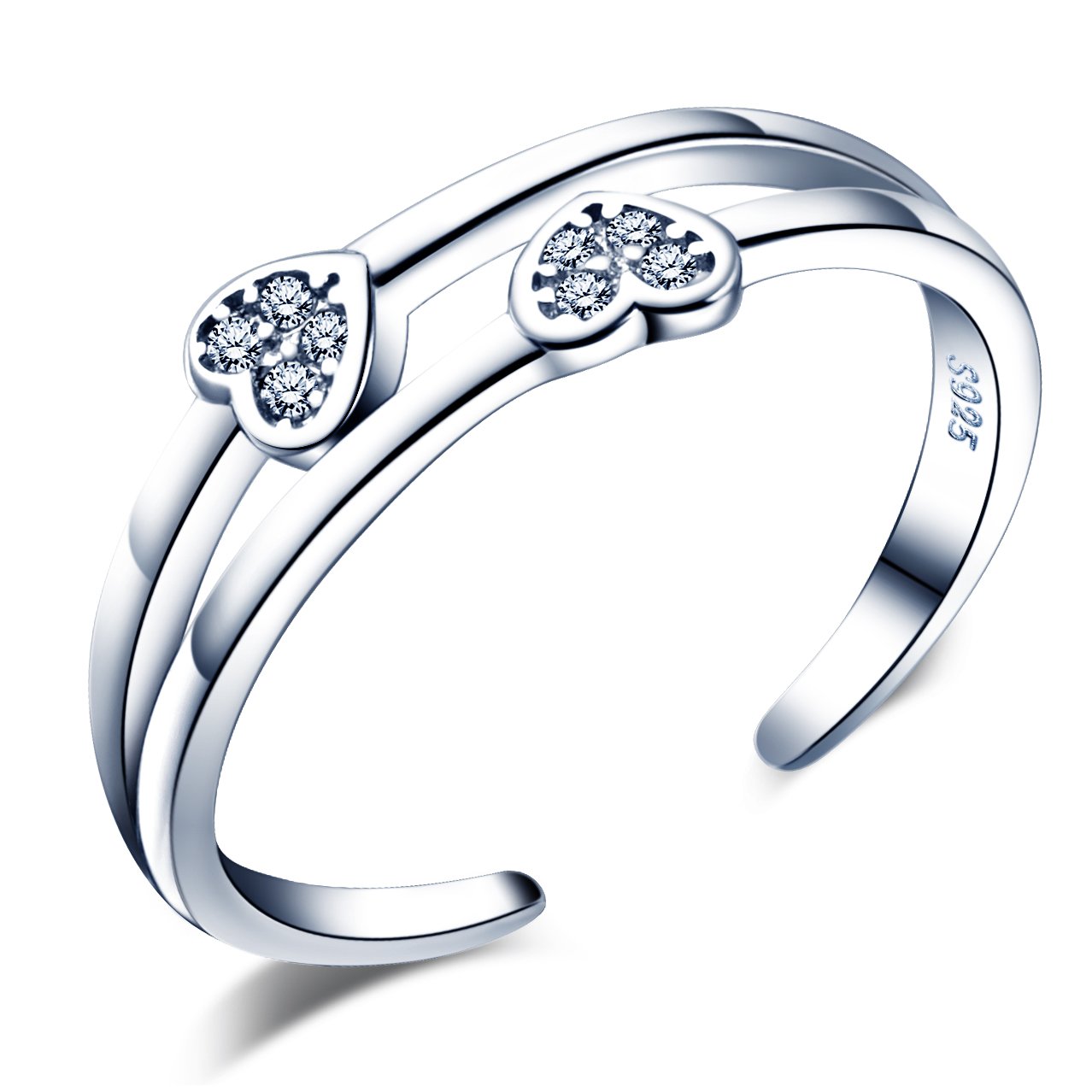 Infinite U Classic Hearts 925 Sterling Silver Cubic Zirconia Double Band Ring Wedding Promise Engagement Open Ring, Adjustable Size J-O