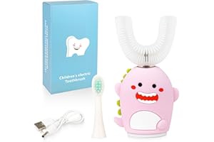 Renaelelife Kids Sonic Electric Toothbrush U Shaped Automatic Timer IPX7 Waterproof 5 Modes 360° Oral Cleaning Teeth Whitening Gums Massage Replaceable Soft Cartoon for 7-15 (Pink Dinosaur)