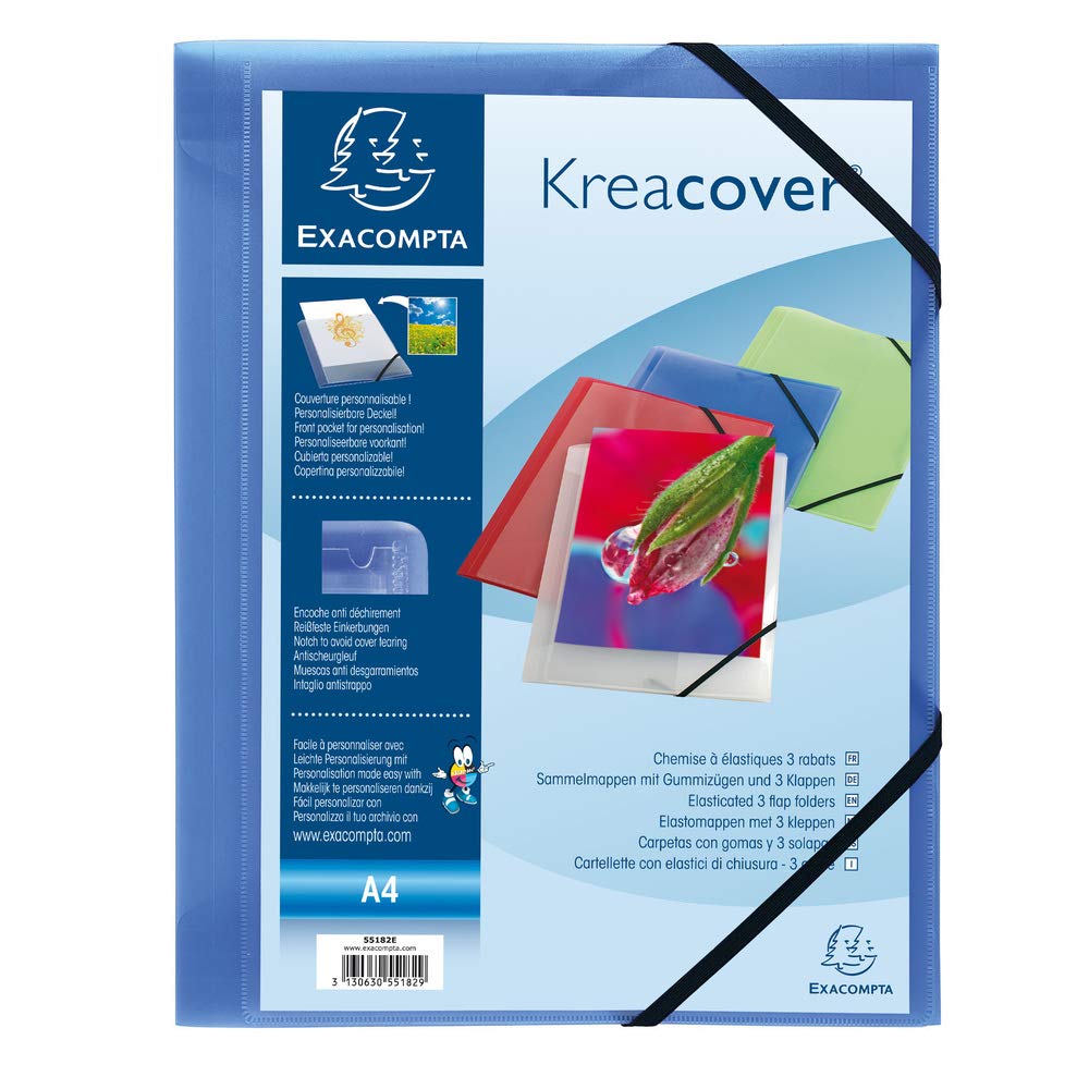 Exacompta - Ref 55182E - Kreacover Collection - Collection - Customisable PP Elastic Flap Folders - Suitable for A4 Documents, Translucent Polypropylene - Blue (Pack of 5)