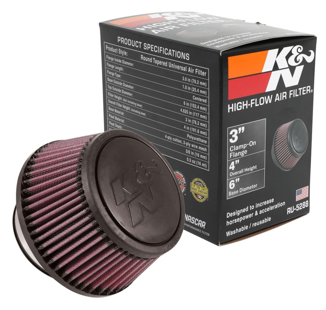 K&N High-Flow Original Lifetime Universal Clamp-On Air Filter: High Performance, Premium, Washable,: Flange Diameter: 3 In, Filter Height: 3 In, Flange Length: 1 In, Shape: Round Tapered, RU-5288