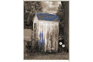 LITTLEPIECREATIONS Outhouse Wildflowers Brown Blue Rustic Country Farmhouse Bathroom Home Decor Matted Wall Art Picture