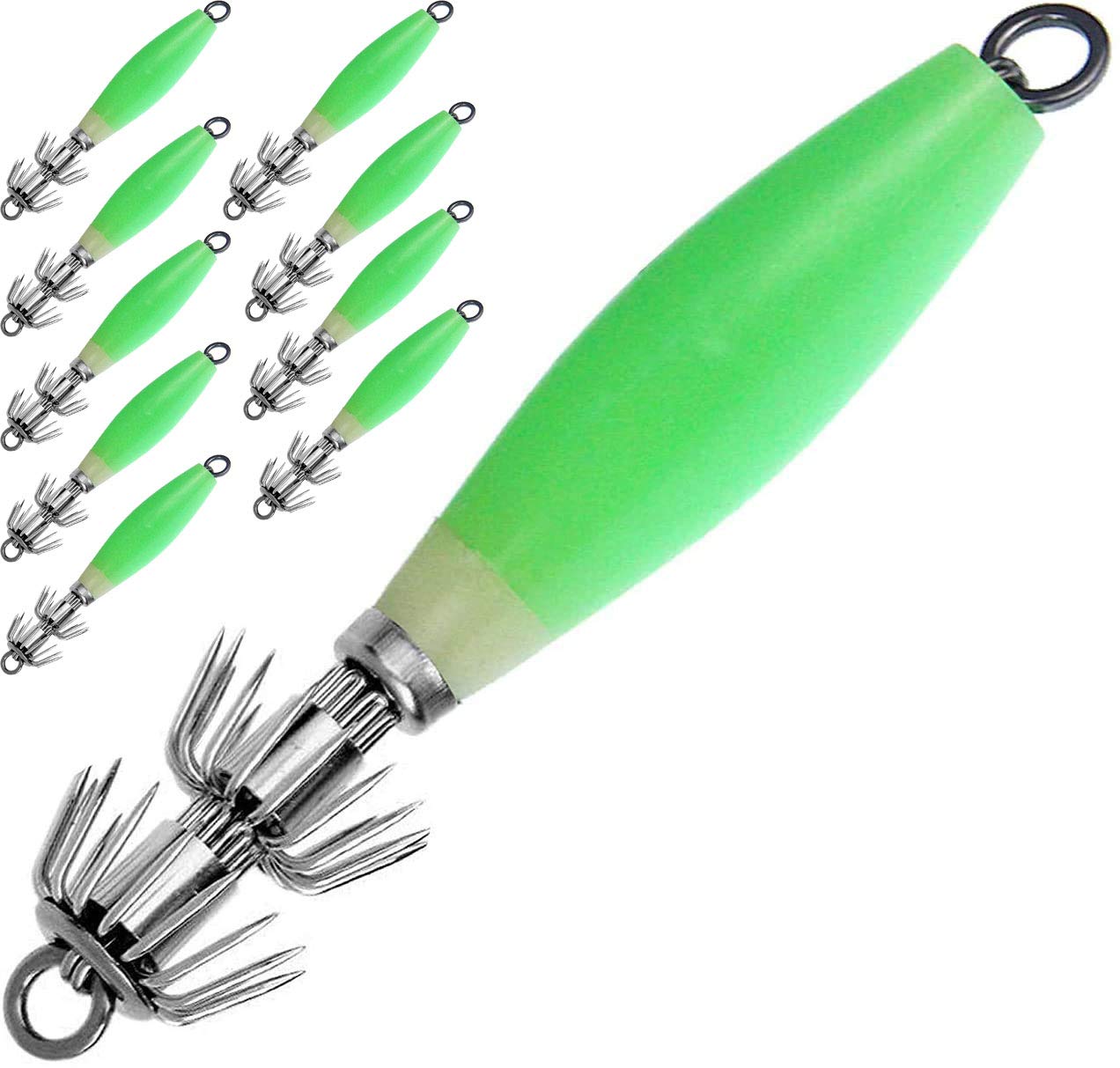 POFET 10pcs Luminous Octopus Squid Jig Hook 9.5cm/17g Saltwater Fishing Lure Bait,Noctilucent Squid Jig, Cuttlefish Sleeve Jig Fishing Lure Bait Head, Hooks Squid Hook