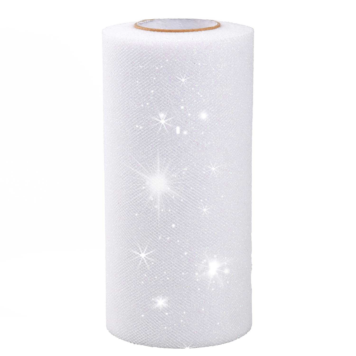 One Pack 25 Yards Glitter Tulle Roll 6 Inch Width Sparkling Tulle Ribbon Roll Sparkle Mesh Ribbon for Chair Ties, Tutu Skirt, Wrapping, Birthday Party, DIY Crafts, Bow, Swags (White)