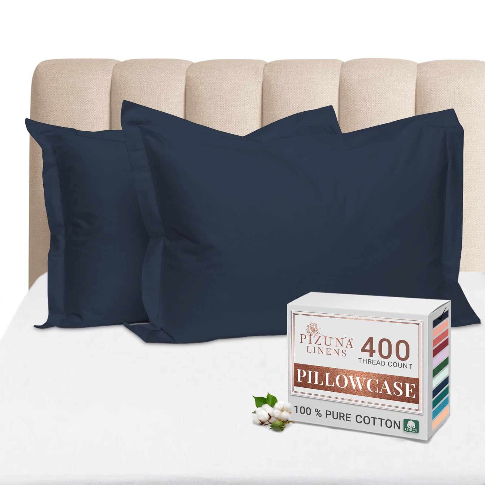Pizuna 100% Cotton Standard Pillowcases 2 Pack Dark Blue 50x75cm, 400 Thread Count Long Staple Combed Cotton Soft Pillow Cover, Sateen Weave Oxford Pillow Cases (Cooling Pillowcase 2PC)