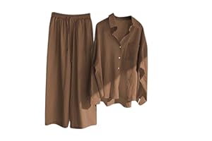 Airport Outfits for Women 2026 Summer 2 Piece Cotton Linen Sets Long Sleeve Buttons Shirts Wide Leg Pants Suits