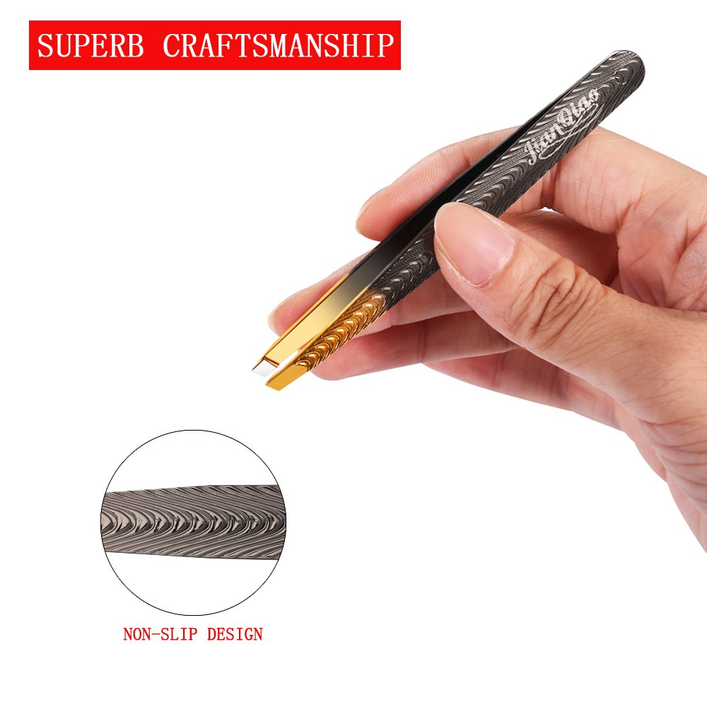 Gold Slant Tip Tweezers Set, Stainless Steel Slant Tweezers For Eyebrow Anti Static and Hair Remover Tool For Men and Women (Pack-2)