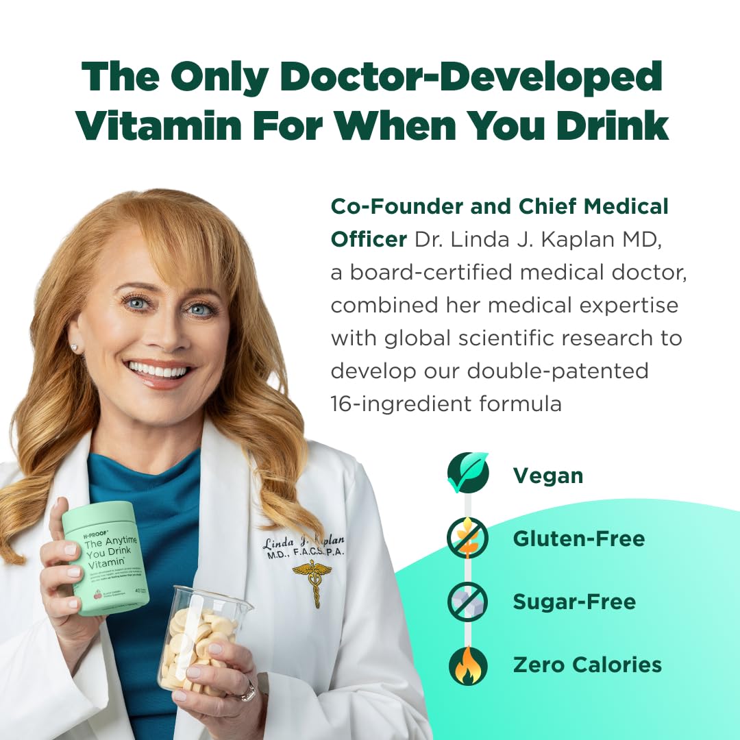 H-PROOF The Anytime You Drink Vitamin, Liver Health & Immunity Support with Electrolytes, Milk Thistle, and Vitamins B & C - 40 Chewable Tablets (20 Servings), Vegan, Black Cherry