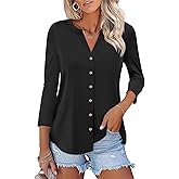 ORANDESIGNE Women's Button Down T Shirts 3/4 Sleeve V Neck Tops Casual Summer Ladies Tees
