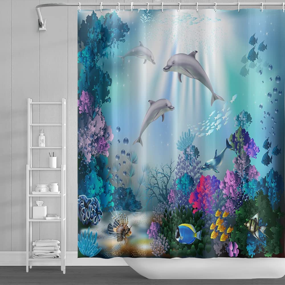 SDOTPMT 180x180cm Ocean Dolphin Shower Curtain Sunbeam Tropical Colorful Fish Bath Curtain Underwater World Marine Animals Bathtub Curtain for Bathroom Fabric Polyester Waterproof with Hooks