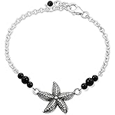ADITA GOLD 925 Sterling Silver Black Onyx Bracelet for Women - 3mm Round Beads with Starfish Charm - Adjustable 16-18cm Chain - July Birthstone - Black and Silver Bracelets for Women