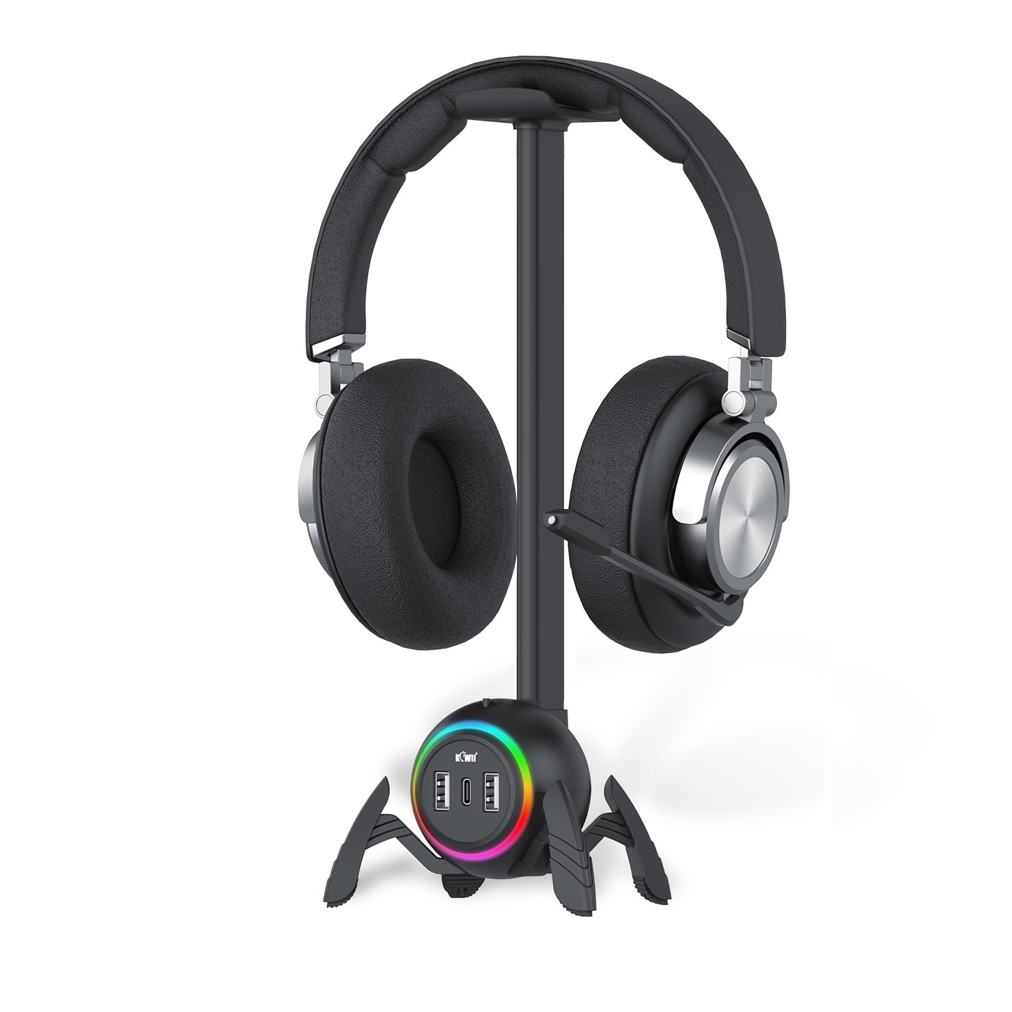 KIWIFOTOS Gaming Headphone Stand with 2 USB Port, PC Gaming Accessories with RGB Light for Gaming Room, Headset Holder for Gamer- Black