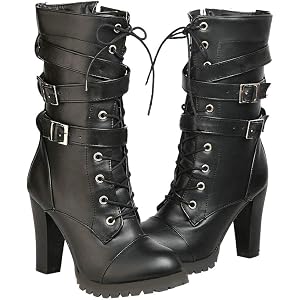 Caradise Womens Lace Up Mid Calf Goth Chunky Heel Combat Boots with Buckles