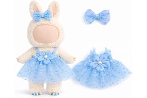 17cm Doll Clothes Tulle Skirt & Bow Outfit Set, Kawaii Polka Dot Tutu Dress Accessories Compatible with La-bubu Macaron & 17c
