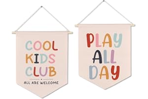 DUDUBOY Playroom/Nursery/Toddler/Boys/Girls/Kids Room Decor, Cool Kids Club Alphabet Poster, Play All Day Canvas Banner, Playroom Decor Wall Hanging Pennant Flag Set of 2, Outdoor Playhouse Accessories