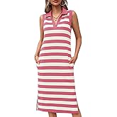 Wenrine Women's Striped Summer Dress Casual Polo V Neck Sleeveless Slit Loose Fit T Shirt Midi Dresses