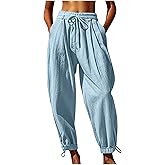 Bacrelax Women Cotton Baggy Palazzo Harem Pants Drawstring High Waist Vacation Beach Trousers Trendy Casual Lounge Pants