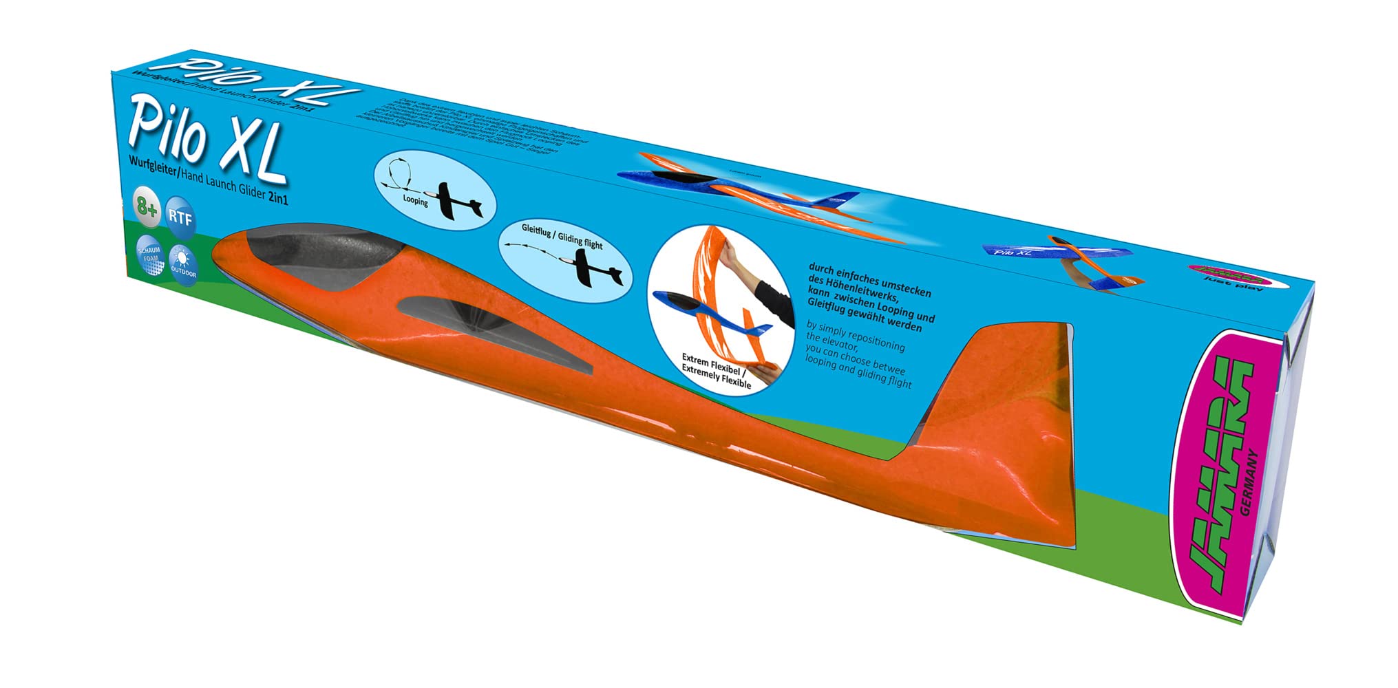 JAMARA Pilo XL 460485 Foam Thrower Glider 2-in-1 Super Light (160 g), Almost Indestructible, Height Tail for Looping or Gliding Flight, 86 cm Wingspan, Orange
