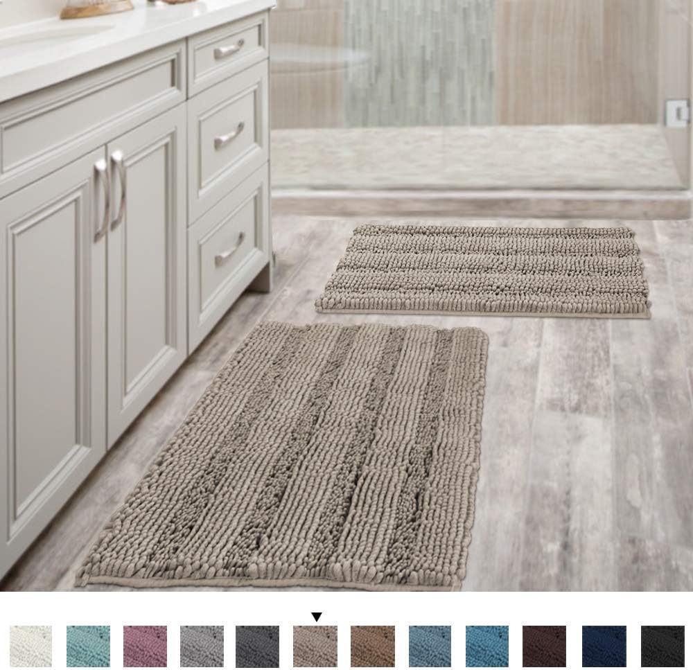 Non Slip Thick Shaggy Chenille Bathroom Rugs Soft Bath Mats for Bathroom Extra Absorbent Floor Mats Bath Rugs Set for Kitchen/Living Room (Set of 2, 20" x 32"/17" x 24", Dove): Home & Kitchen