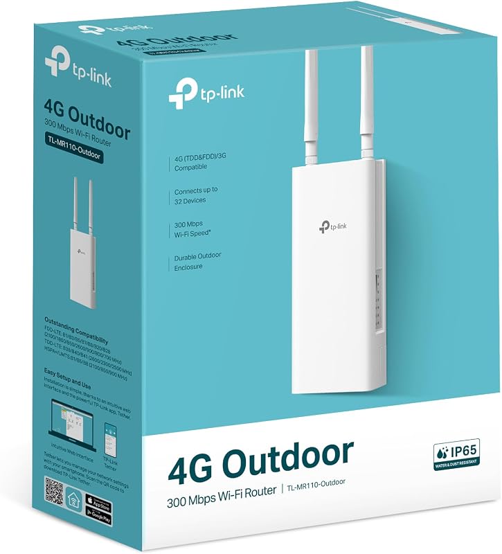 TL-MR110-Outdoor 4G LTE Router, WLAN Router SIM Karte, 4G Cat 4 bis zu 150 Mbit/s, 2,4 GHz WLAN bis 300 Mbit/s, PoE/DC-Stromversorgung, IP65, Betriebstemperatur -30℃ bis +60℃