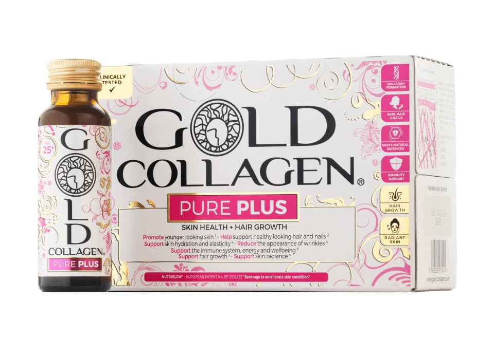 GOLD COLLAGEN New Pure Plus - Collagen Supplements for Women & Men, Biotin Hair Growth, Skin, Nail, Hormonal Balance, Immune System Booster 8g Marine Collagen Vitamin C Hyaluronic Acid, 1 Pack 10x50ml