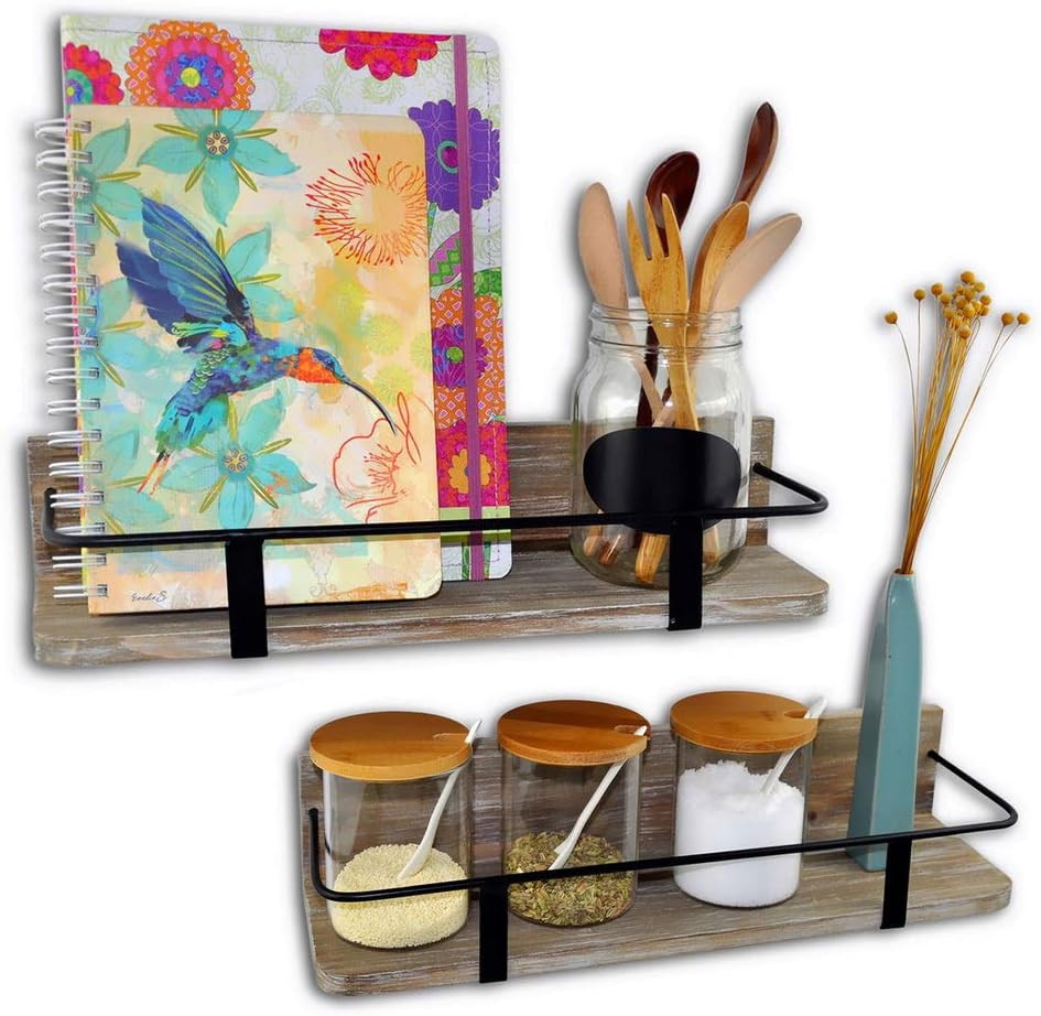 Spiretro Set of 2 (Large & Small) Grey Wall Mount Floating Shelves Rustic Torched Wood Espresso Black Metal Rail Storage Organize and Display for Living Room Bedroom Kitchen Room Bathroom Closet: Home & Kitchen