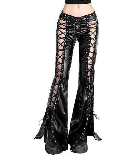 xxxiticat Women Faux Leather Pants High Waist Lace Up Flare
