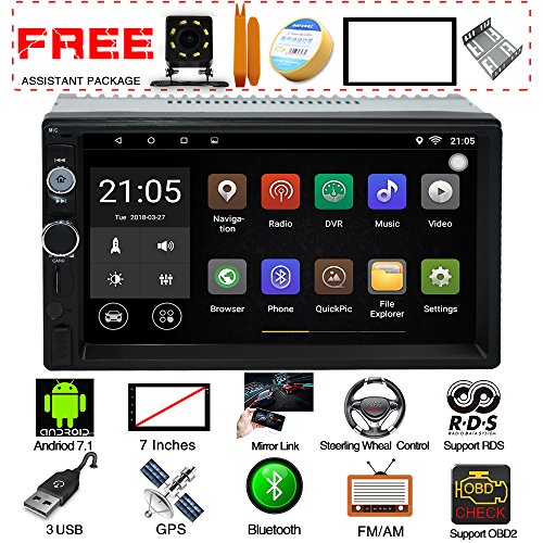 Upgraded 7 Inch Touch Screen Android 7.1 QuadCore CPU Double Din Car Stereo In Dash GPS Navigation Surport Bluetooth WiFi Car Radio Audio vehicle Headunit with Free Rear Camera And Car Tuning Tools