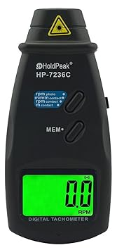 HoldPeak Laser Umdrehungsmesser HP-7236C, Tachometer, Drehzahlmesser, Messung mit Laserstrahl oder Kontaktmessung, schwarz