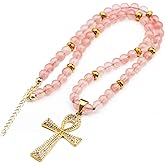 ElisaJewelryArt - Women's Zirconia Ankh Pendant Natural Rose Quartz Beaded Gemstone Emotion Clasp Closure Necklace Best Friend Gift For Men Unisex Necklace