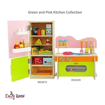 18 Inch Doll Furniture | Amazing Green and Pink Kitchen Oven/Stove/Sink Combo and Refrigerator Value Pack with over 20 Wooden Food Pieces and Accessories | Fits American Girl Dolls