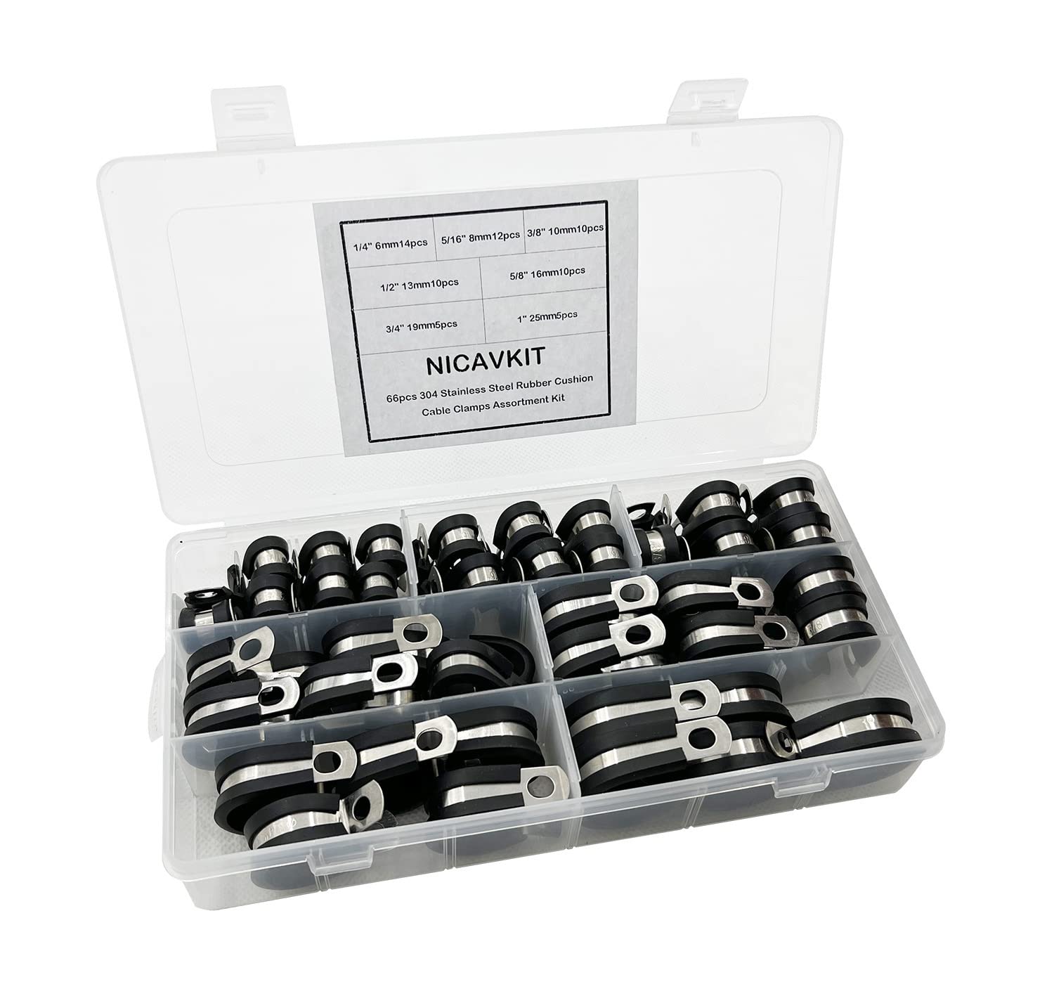 NICAVKIT 66Pcs Rubber Lined P Clips,7 Sizes 6/8/10/13/16/19/25 mm Hose Pipe Clamps Metal Wire Cable Clamp Kit, Pipe Clamps Cable Clamps Kit