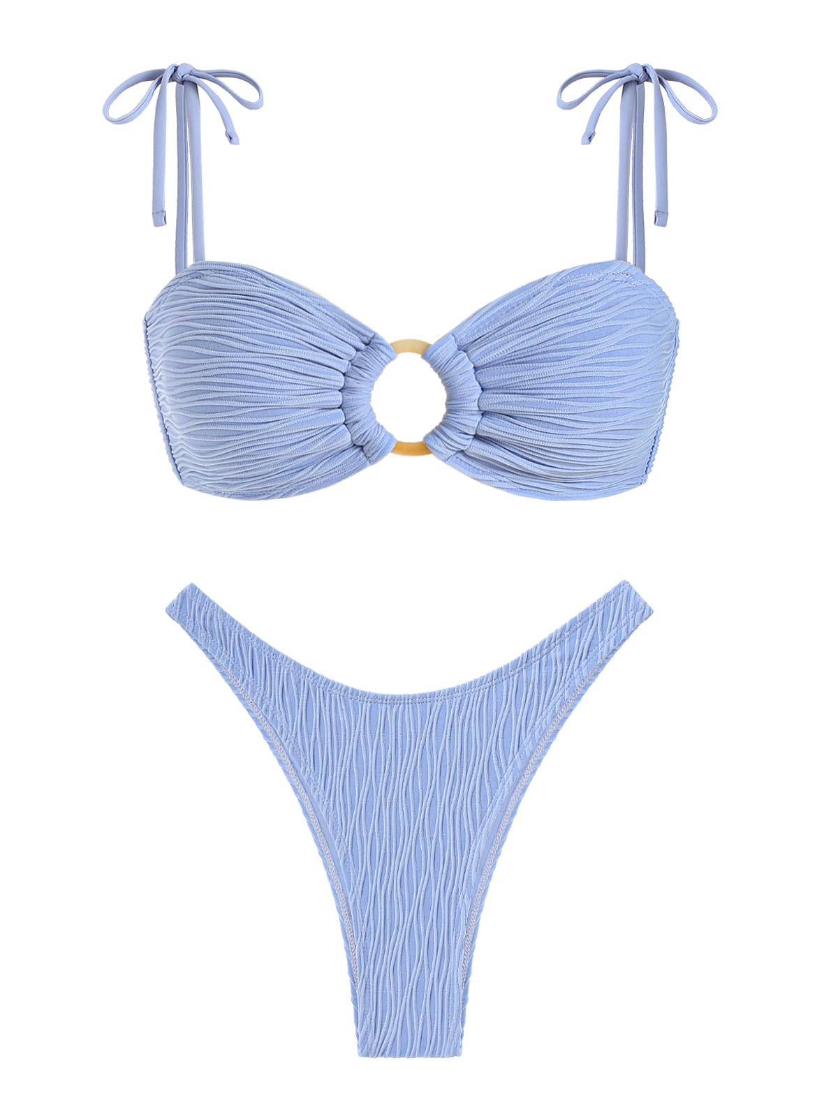 Photo 1 of ZAFUL Women's Sexy Tie Spaghetti Strap Bikini Textured O Ring Ruched High Leg Swimsuit Cheeky Bathing Suits (Light Blue, S)