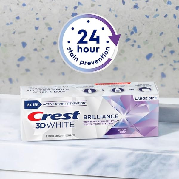 CREST 3D WHITE BRILLIANCE BRIGHT MINT TEETH WHITENING TOOTHPASTE, 4.3 OZ PACK OF 3, 100% MORE SURFACE STAIN REMOVAL, 24 HOUR ACTIVE STAIN PREVENTION, WHITER TEETH IN 3 DAYS