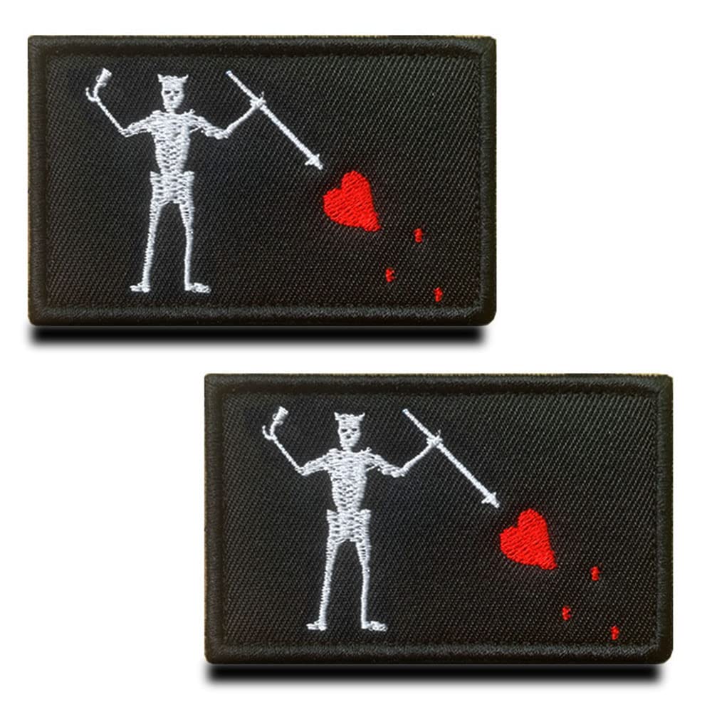 Zcketo 2 Pieces Black Beard Pirate Red Heart Military Embroidered Applique Hook & Loop Pirate Flag Emblem Patch for Attach to Clothes Jackets Jean Hat Vest Dogs Harness Collect(BBP)