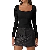 QINSEN Chic Floral Lace Crop Tops for Women Slimming Fit Long Sleeve Square Neck Going Out Basic Shirts