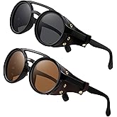 LNOZOOUTEI Classic Steampunk Style Round Vintage Sunglasses Retro Eyewear Women Men With Leather Side Glasses