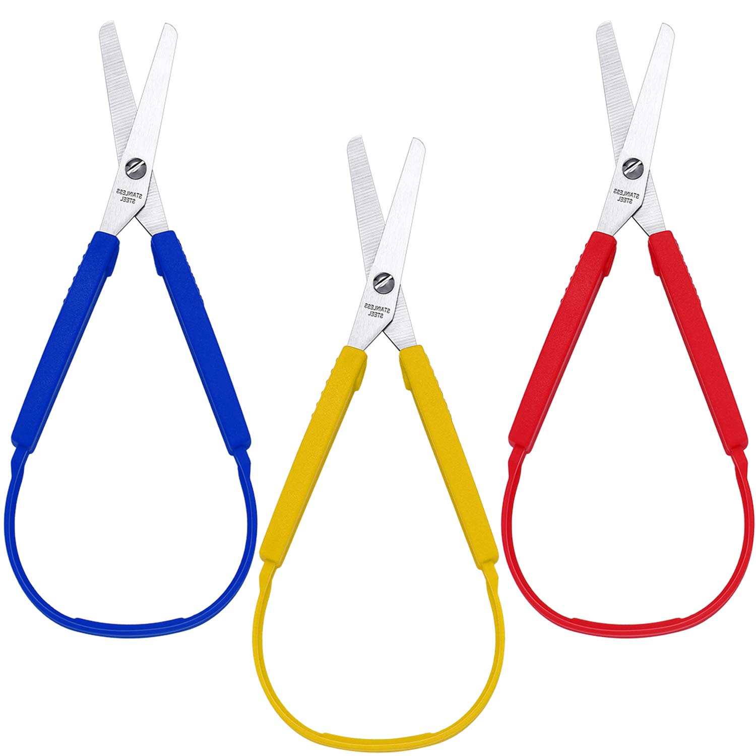 Photo 1 of Loop Colorful Grip Scissors Loop Handle Self-Opening Adaptive Cutting Scissors for Children and Adults Special Needs, 8 Inches(Yellow, Red, Blue,3 Packs)
