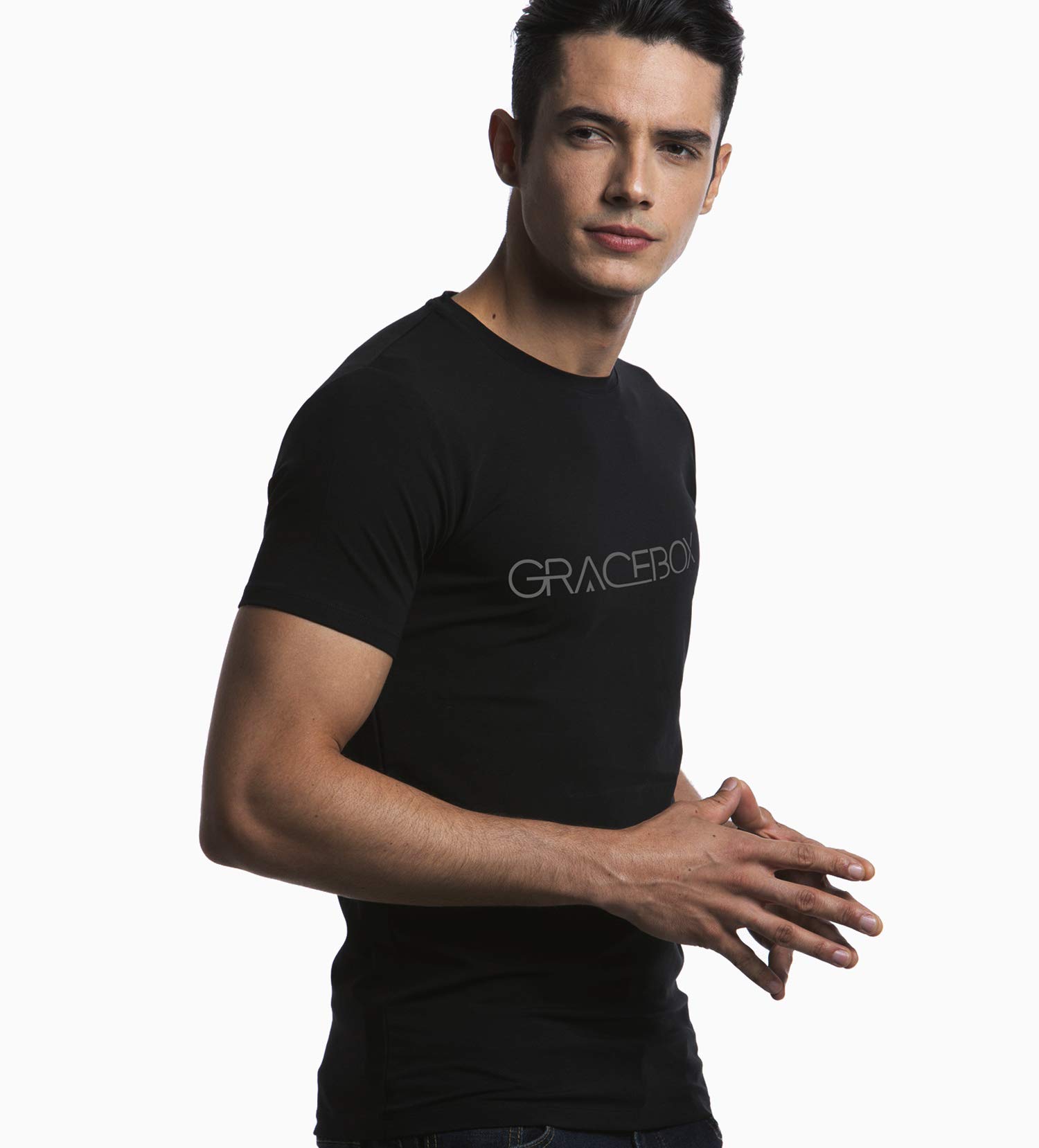 GRACEBOX Men\'s Letter Print Short Sleeve T-Shirts Slim-Fit Crew Neck Tee Casual Cotton Tshirts Top Black