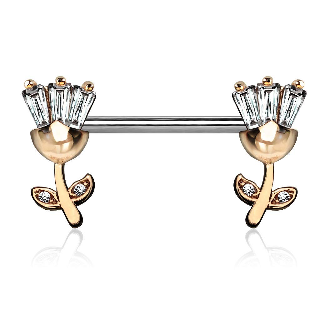 PiercedOff 316L Nipple Barbell with Princess CZ set Tulip Ends (Rose Gold)