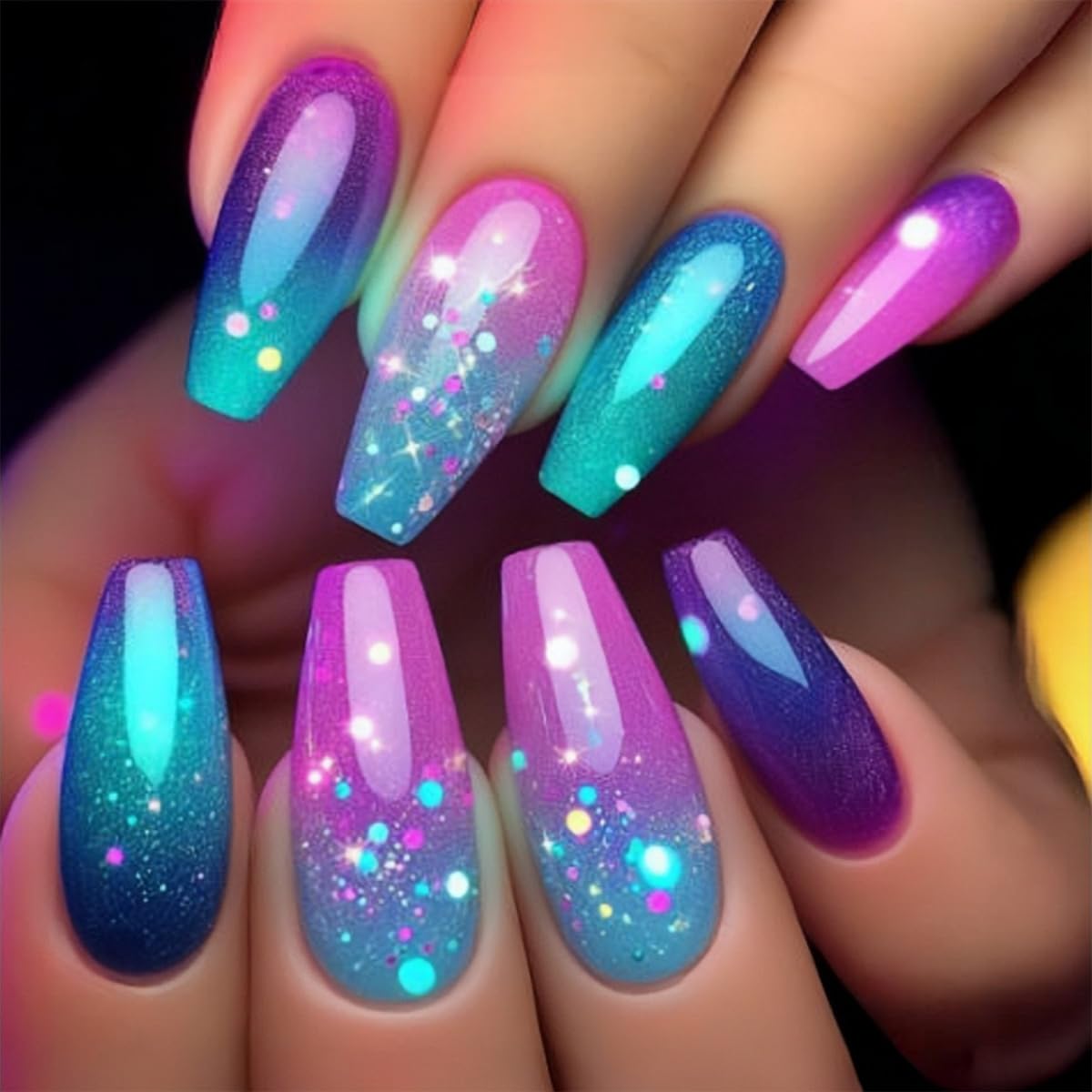 Medium Press on Nails Coffin Fake Nails with Purple Blue Pink Gradient Design Glue on Nails Glossy Acrylic Full Cover Nails Press on Reusable False Nails Cute Stick on Nails for Women Girls 24Pcs