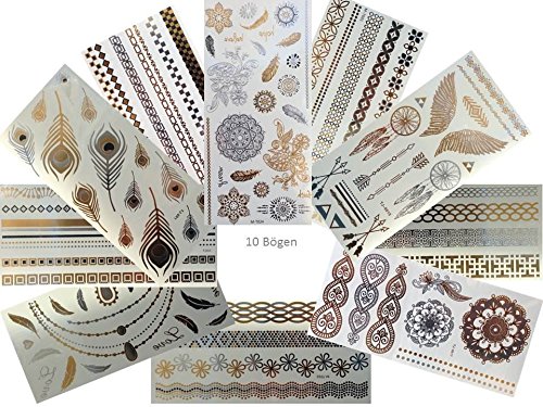 10 Bögen Set Metallic Tattoo Flash Tattoo Aufkleber Einmal Tattoo Gold und Silber Schmuck Tattoos Viele Schöne Motive