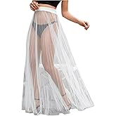 OYOANGLE Women's Sheer Mesh Maxi Flowy Skirt High Waist Vacation Concert Bridal A Line Long Skirts