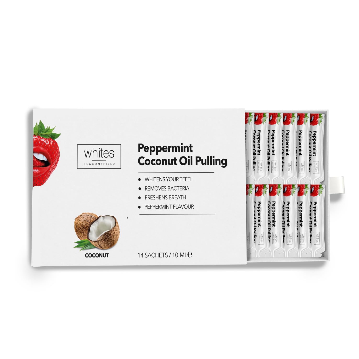 Whites Beaconsfield Coconut Oil Pulling Sachets - Natural Teeth Whitening & Oral Detox, 14 Mint-Flavored Sachets - Freshens Breath, Kills Bad Odor, Removes Plaque & Promotes Healthy Gums, Vegan