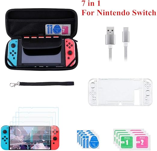 7 In 1 Accessories Starter Kit For Nintendo Switch With Portable Carrying Case Travel Storage Bag Crystal Clear Hard Shell Protective Cover 4 Tempered Glass Screen Protector Usb Type C Charging Cable Amazon Co Uk